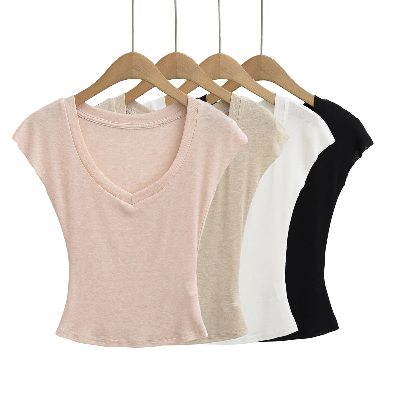 European and American Style Hot Girl Slightly See-Through V-Neck Batwing Sleeve T-Shirt, Tight-Fitting, Slimming, Waist-Cinching, Short Sexy Top for Women, Trendy Brand