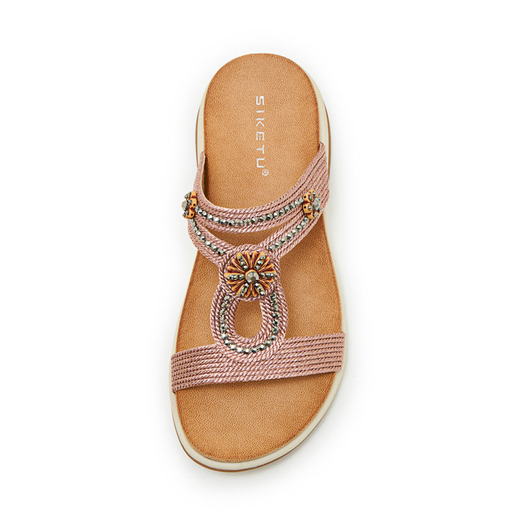 Dép sandal nữ quai chữ V đế xuồng thêu điện bohemian — Champagne màu, màu đen, màu hồng chi tiết 31