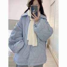 新款翻领菱格夹棉服外套女设计感小众中长款加厚棉衣冬