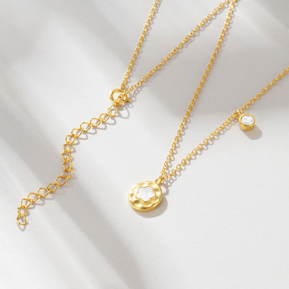 925 Sterling Silver Material Round Pattern Women's Gender 925 Sterling Silver Shell Zircon Cable Chain Inlay Round Pendant Necklace