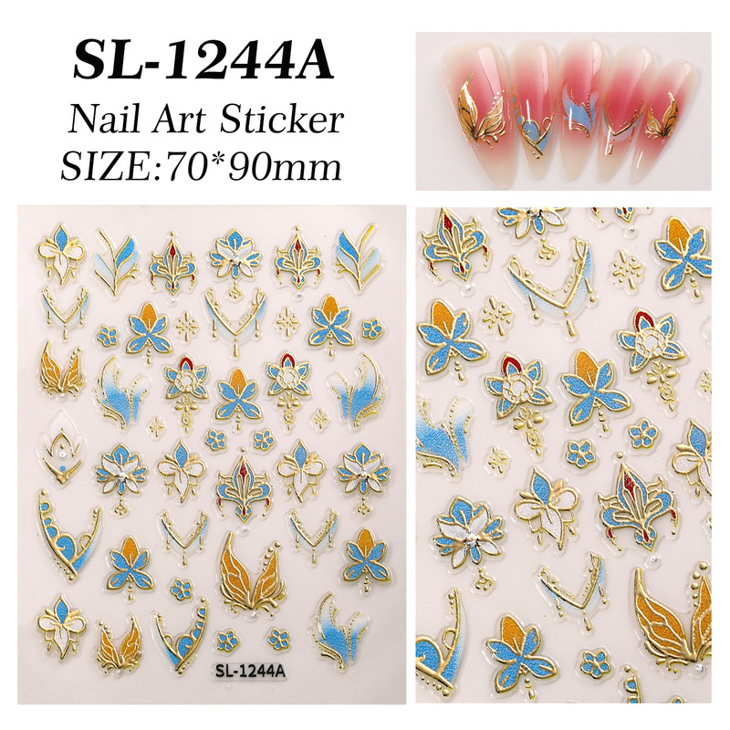 国风花团锦簇美甲贴纸5D浮雕立体新中式花朵diy指甲贴纸饰品 SL款|undefined