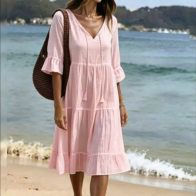 2026 Model Cross-Border European and American Independent Station Layered Fringe Decoration A-Line Loose Dress Vacation Mid-Length Dress