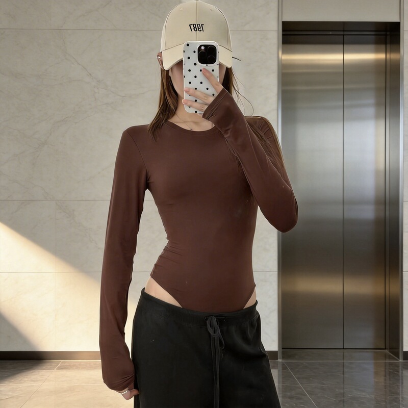 Skims Top Bodysuit Solid Color One-Piece Yoga Wear Long-Sleeved Round Neck Sports Women's Versatile Slim-Fitting Long-Sleeved Skims Top Bodysuit Solid Color One-Piece Yoga Wear Long-Sleeved Round Neck Sports Women's Versatile Slim-Fitting Long-Sleeved