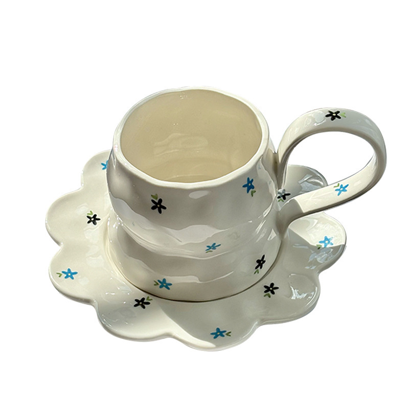手描きの花柄セラミックカップレトロニッチコーヒーカップとソーサーセットラテアートティーカップ|undefined