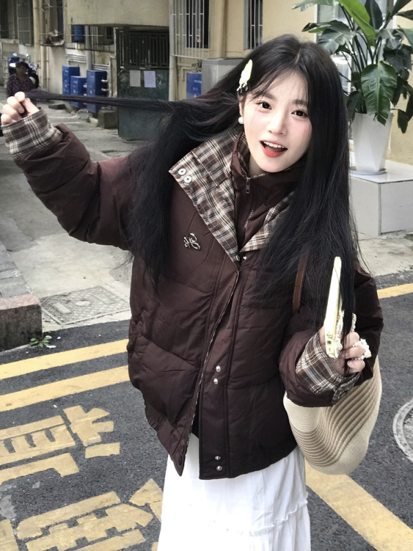 2025冬季新款设计感双层领假两件棉服女百搭拼接学生宽松保暖外套|undefined