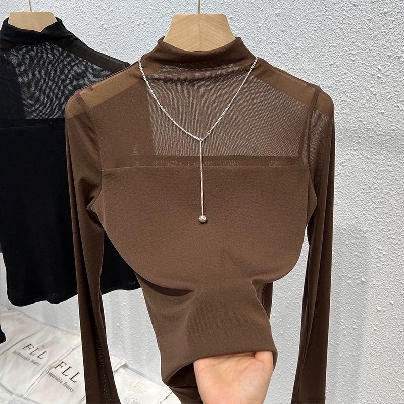 Half Turtleneck Lace Double-Layer Mesh Bottoming Shirt for Women Long-Sleeved T-Shirt White Black Slimming Look Inner Top for Women Half Turtleneck Lace Double-Layer Mesh Bottoming Shirt for Women Long-Sleeved T-Shirt White Black Slimming Look Inner Top for Women