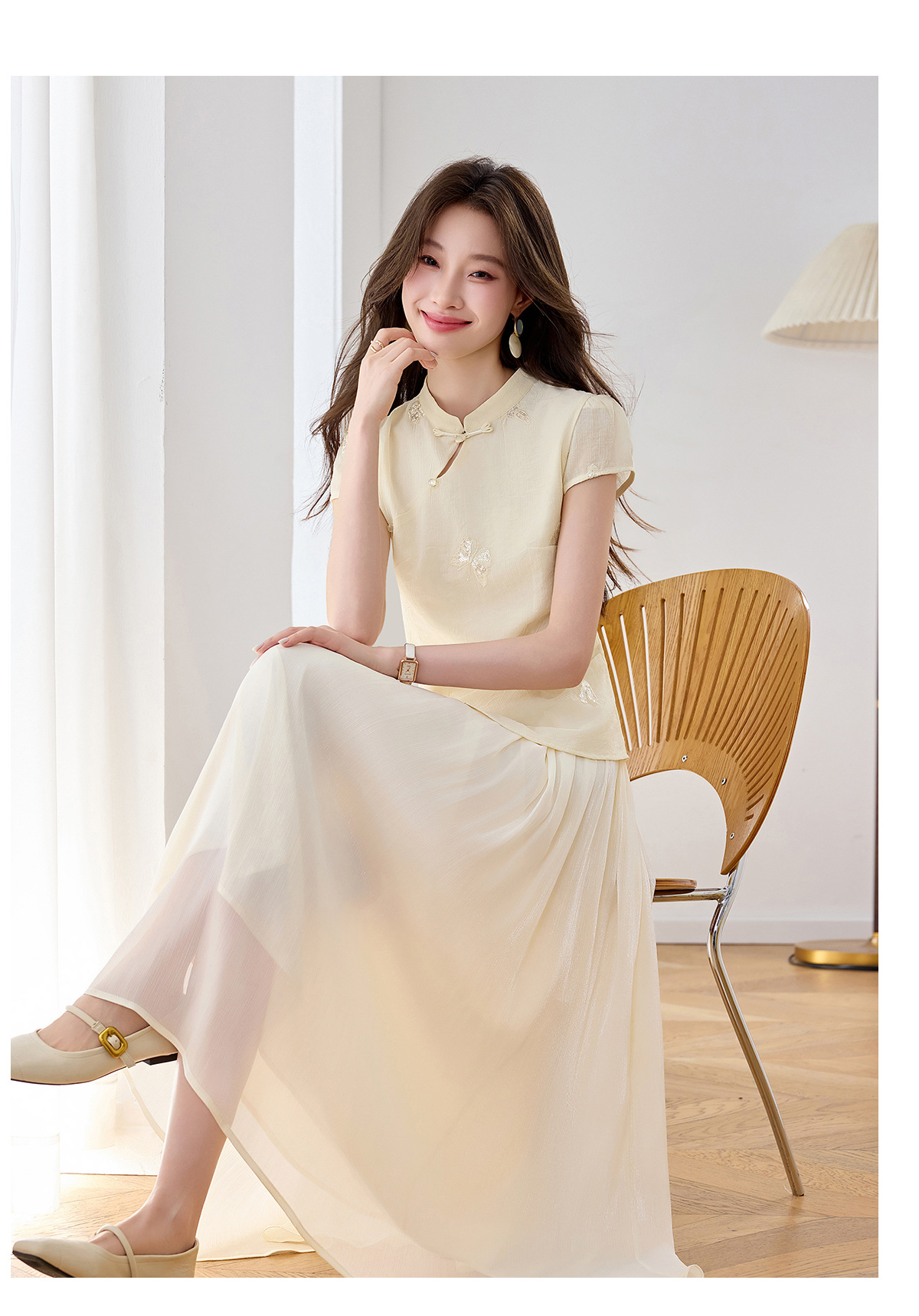 Set áo sơ mi thêu hoa kết hợp chân váy midi phong cách tân cổ điển — Màu hồng, màu trắng ngà chi tiết 23