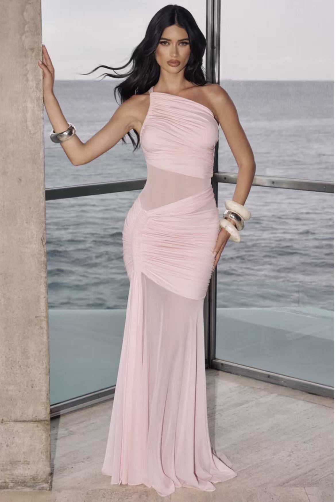 Off-Shoulder See Through Pleated Dress American Style Sexy Bodycon Slim Fit Hot Girl Fashion_ecoleips.com
