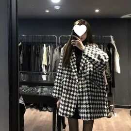 复合毛呢千鸟格子外套女秋冬季新款韩版宽松休闲加厚中长款大衣女