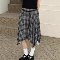 少女学院風復古格子不規則半身スカート甘美減齢低腰英倫百合中ロングスカート