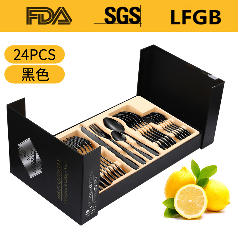 Amazon popular vajilla de acero inoxidable 24 piezas traje 1012 cuatro piezas principales transfronteriza cuchillo de comida occidental, tenedor y cuchara traje de caja de regalo
