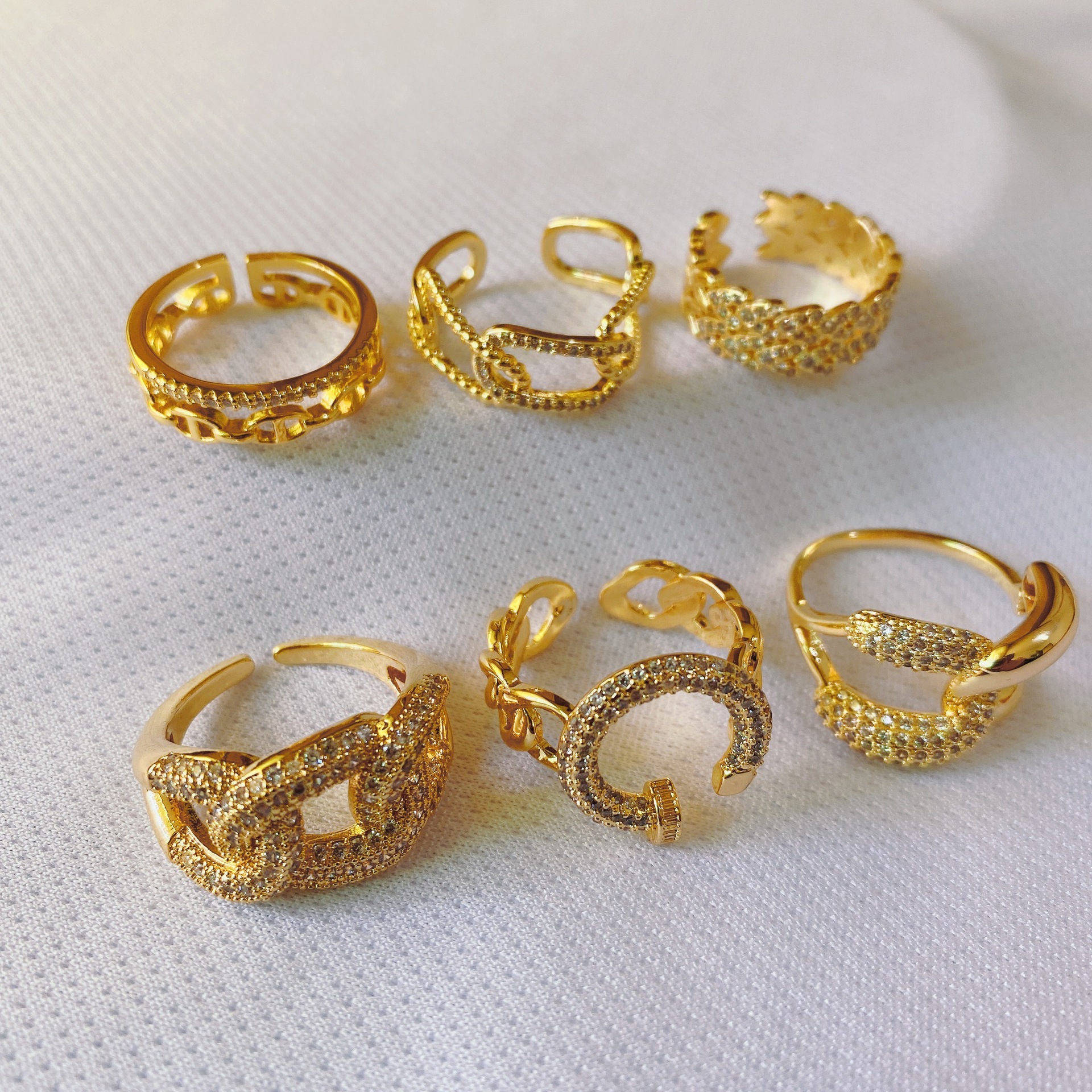 European and American fashion 18k gold plated zircon geometric opening adjustable copper ring