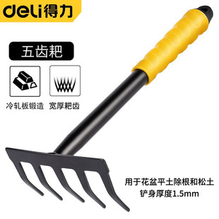 Deli gardening five-tooth rake garden flower tools stainless steel thickened rust-proof pine rake garden small size farm tools