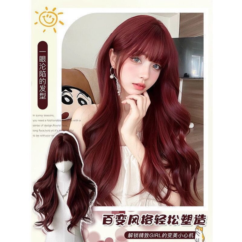 假发女复古酒红长卷发树梅红齐刘海儿大波浪|undefined