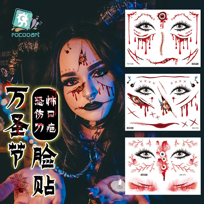 Cross-border New Halloween Scar Tattoo Simulation Face Fake Wound Horror Sticker Face Sticker Waterproof Makeup Sticker