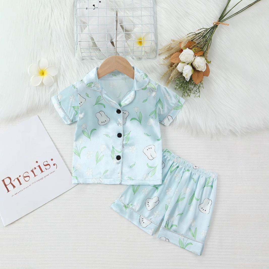 Children's Summer Cartoon Print Pajamas Short Sleeved Shorts Set Home Wear For Easter Air Conditioning Fashion Kids' Clothing (3-7Y)_voghion.com