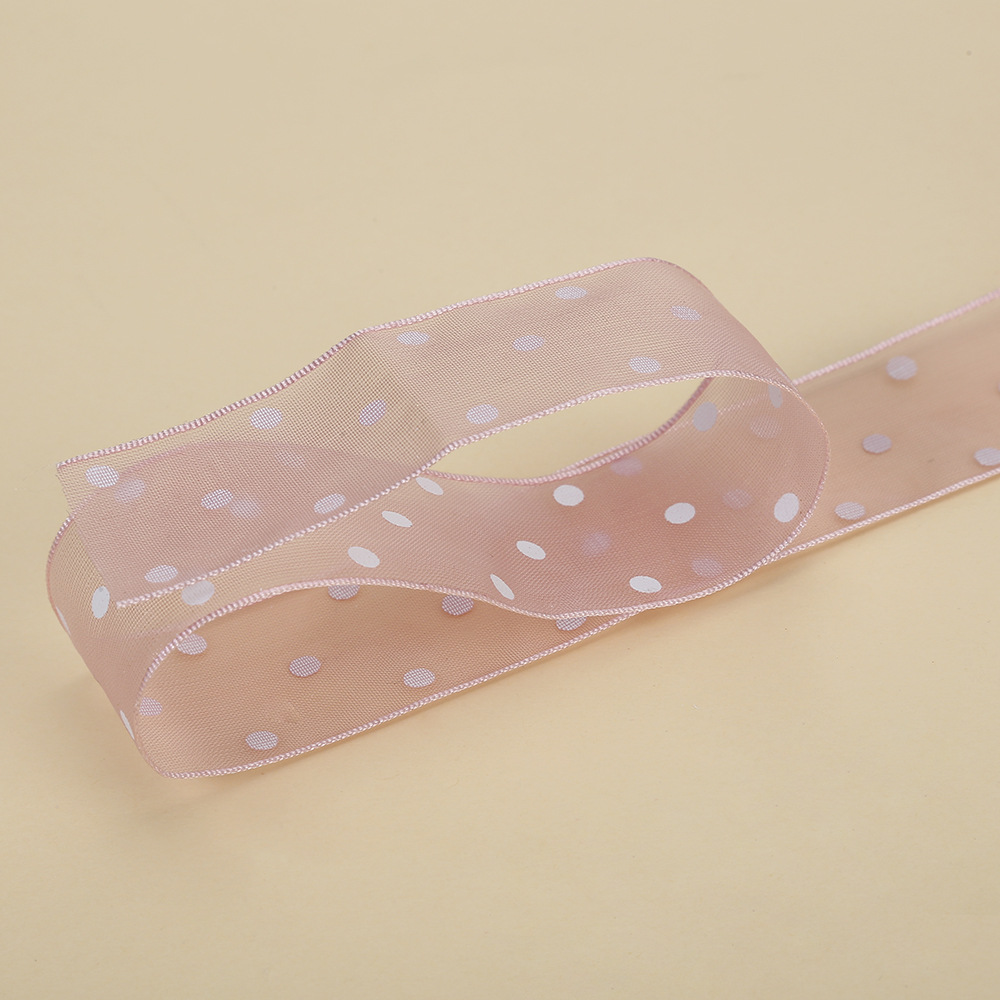 2,5 cm Polka Dot hilo transparente impresión cinta flores floral caja de regalo embalaje con puntos organza fábrica al por mayor