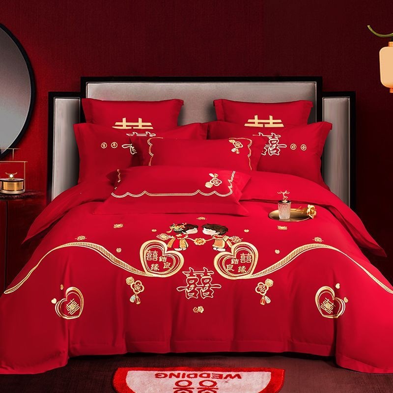 Cuatro piezas de boda china dragón-fénix bordado sábanas de boda rojas casa de boda colcha de cama image 22