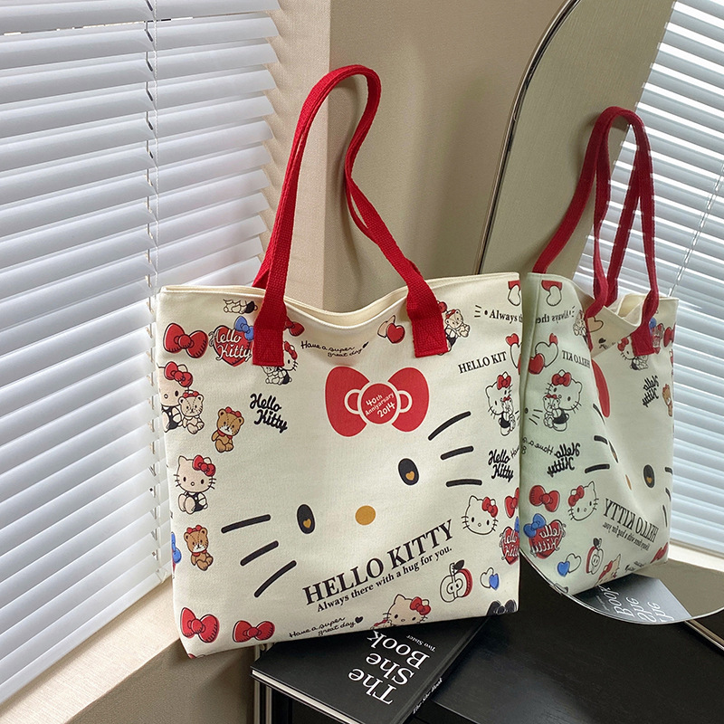 Cartoon Hello Kitty Printed Canvas Bag Cute Kitty Shopping Tote Bag Large Capacity Student Class Hand Bag