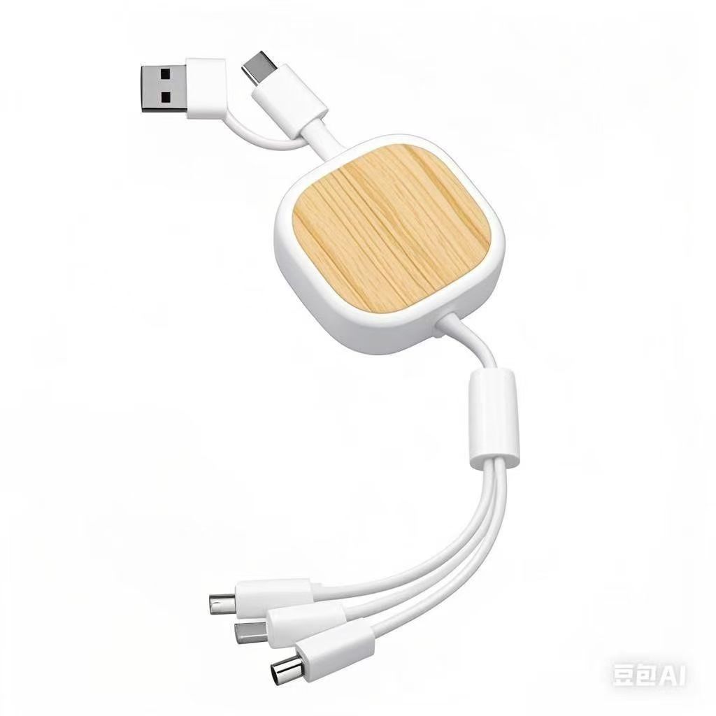 Cable de datos de paja de trigo, cable de carga tres en uno, cargador rápido cuadrado, multifunción, logotipo de impresión de madera y bambú transfronterizo