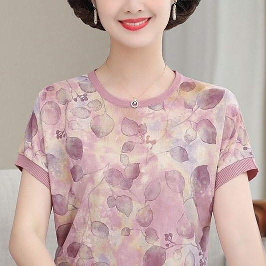 Short-Sleeved Two-Piece Set 2025 Summer Fashion for Moms, Stylish New Ice Silk Blouse Tops for Middle-Aged and Elderly Women Aged 50