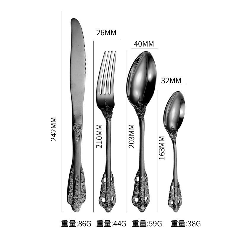 Vajilla de acero inoxidable de Amazon en relieve Royal Court 4 porciones hotel bistec cuchillo tenedor cuchara juego de regalo de 24 piezas