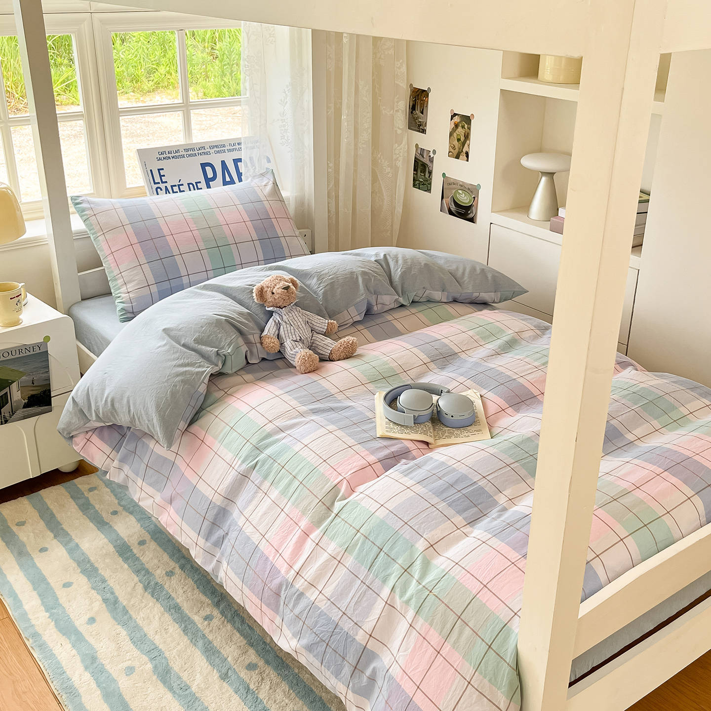 Cama teñida con hilo de algodón Juego de sábanas de algodón de tres piezas Funda de edredón 2025 Nuevo dormitorio de estudiantes Ropa de cama individual y doble