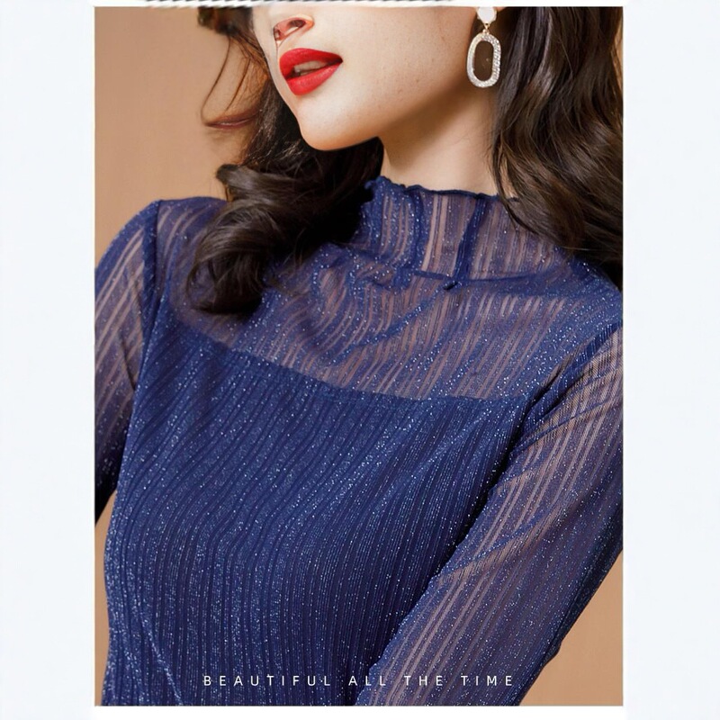 Ning Xinyi Half-High Collar Shiny Mesh Lace Shirt Long-Sleeve Slim-Fit Stylish Top Women's Clothing