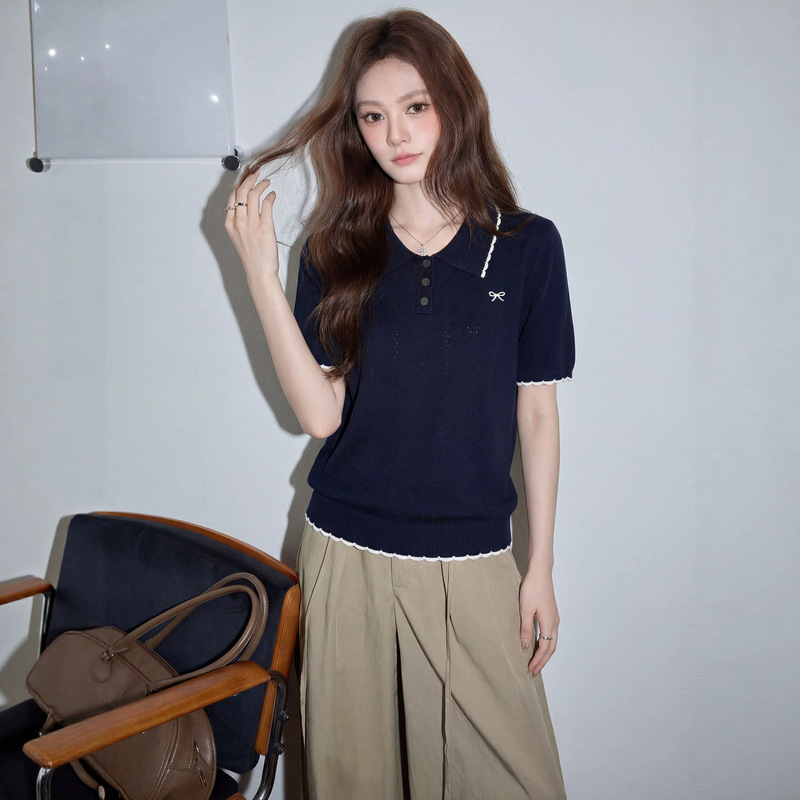 Off-White Polo Collar Straight Shoulder Knit Short-Sleeve T-Shirt for Women, Spring/Summer 2026 New Slim-Fit Korean Style Miu-Style Top