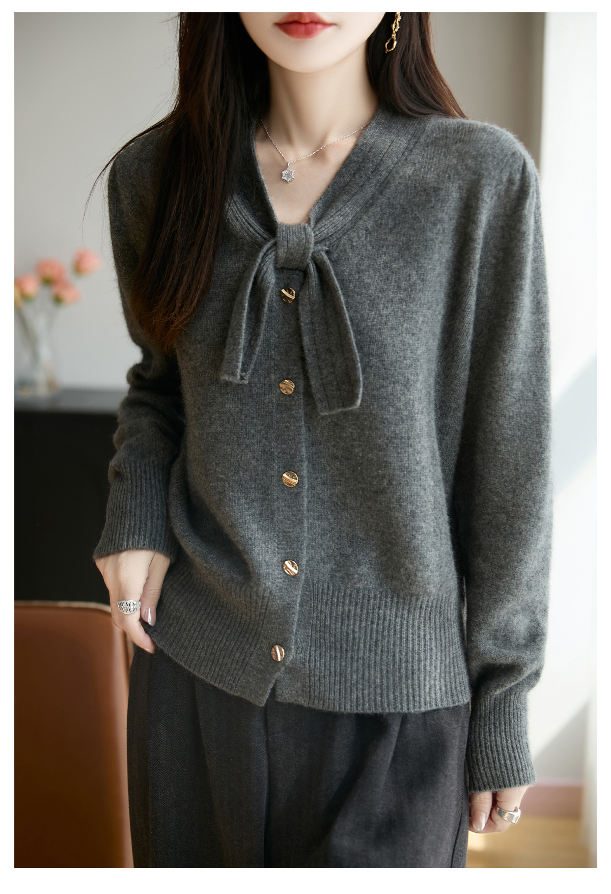 Áo cardigan nữ tay dài nơ bướm dáng rộng — màu xám chi tiết 5
