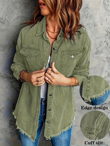 Women's Vintage Washed Denim Jacket with Frayed Edges Casual