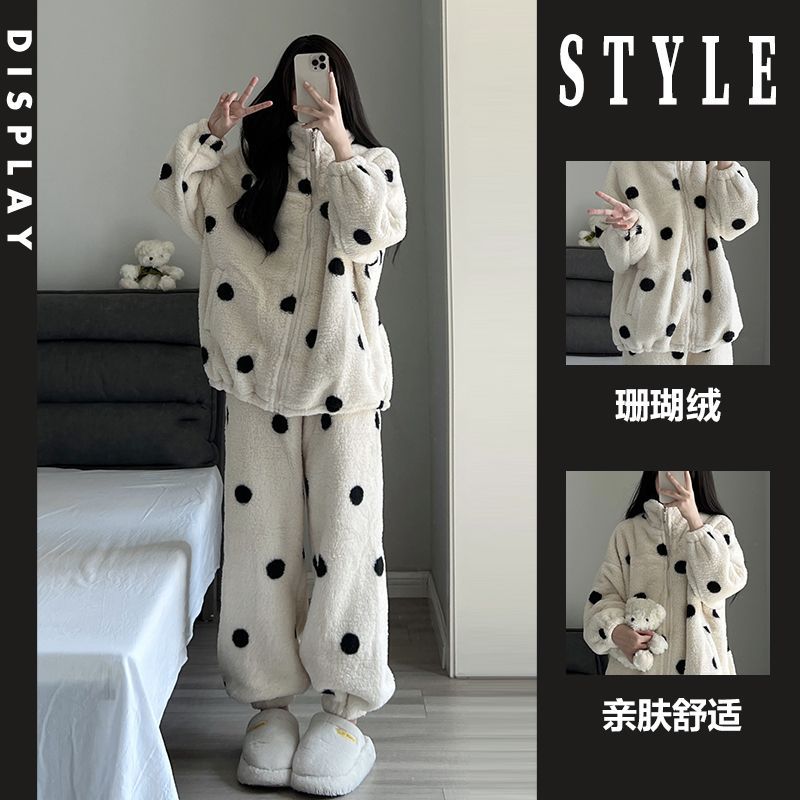 加大码睡衣女士波点秋冬季羊羔绒加厚加绒保暖长袖家居服套装可爱