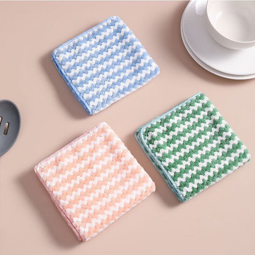 Kitchen fiber non-stick household scouring pad cation thick coral velvet water-absorbent wave-pattern cloth dishwashing towel