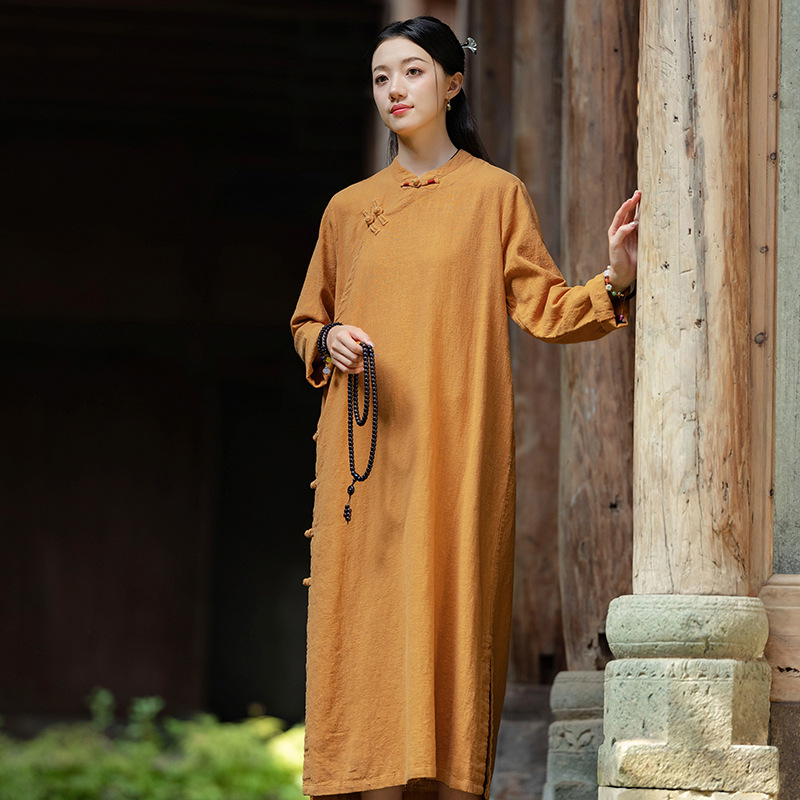 26 Autumn New Original Retro Chinese-Style Diagonal Collar Buttoned Elegant Improved Cheongsam Sand-Washed Ramie Women's Dress