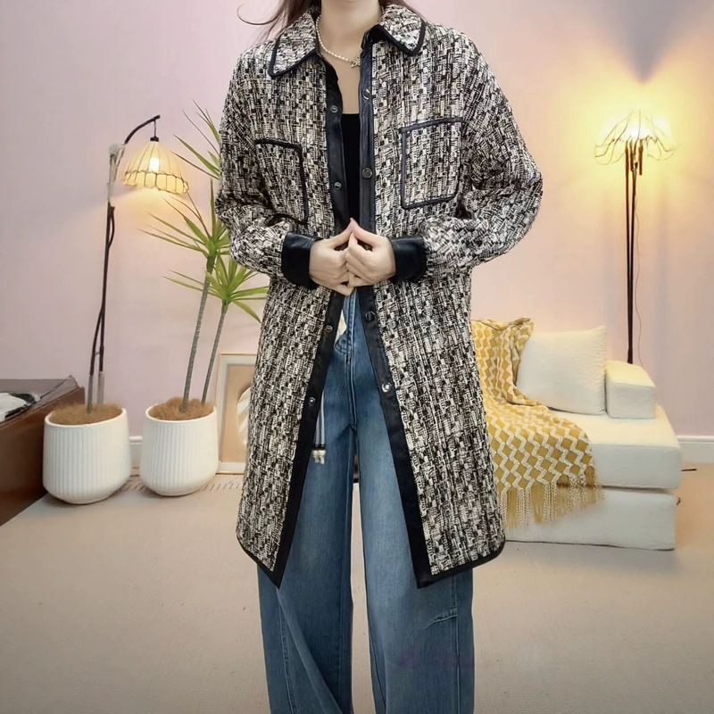 Clearance Spring and Autumn Han-Style Women's Fashionable and Elegant Commuter Coarse Wool Patchwork Pu Leather Trim Mid-Length Coat 017/F9