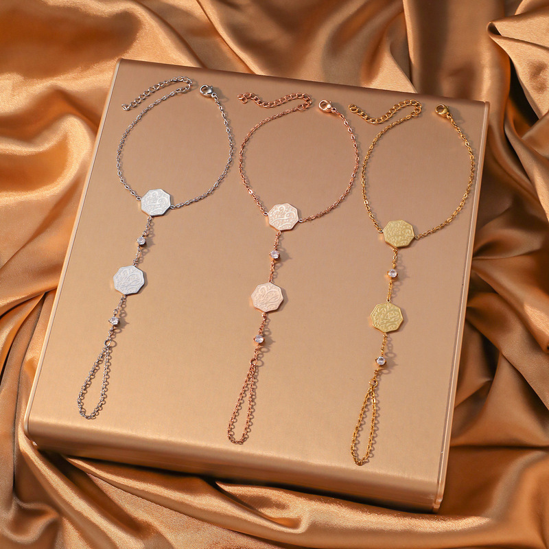 European and American Light Luxury Style Titanium Steel Bracelet with Octagonal Carved Pendant and Diamond-Encrusted Interlocking Bracelet, Unique Charm and Versatile Hand Accessory European and American Light Luxury Style Titanium Steel Bracelet with Octagonal Carved Pendant and Diamond-Encrusted Interlocking Bracelet, Unique Charm and Versatile Hand Accessory