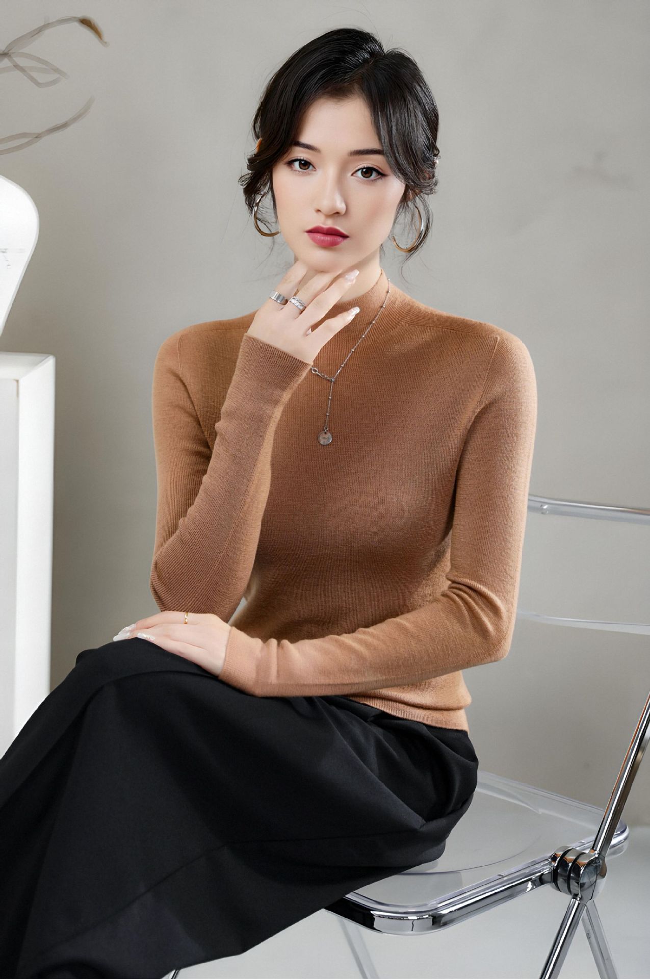 揚子糸ワンピース成形シームレスウールセーター女性のセータースリムハーフタートルネック 100% ウールニットボトリングシャツ