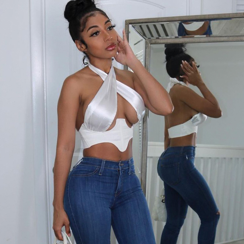 solid color hollow irregular cross strap tops sexy backless halter tops NSRUI58543