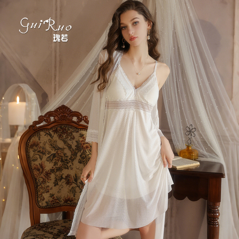 Luxurious Plus Size Mesh Lingerie Set with Push-Up Bra and Chest Pads, Comfortable Nightdress and Robe Homewear Set 5184