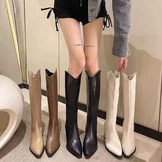 长靴女2023新款V口西部牛仔靴尖头粗跟后拉链高筒骑士靴女鞋批发
