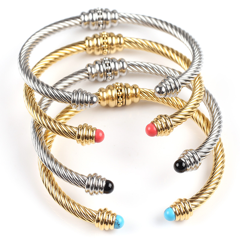 Fashion C Shape Titanium Steel Plating Agate Bangle