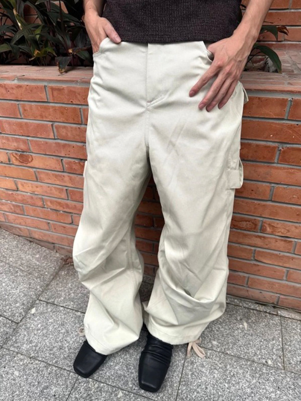 MIJKO男装女打褶弯刀阔腿工装裤男女同款抽绳裤脚扣带腰休闲长裤|undefined