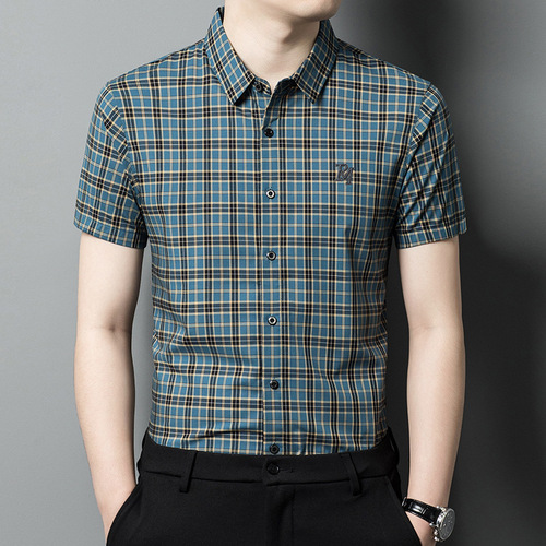 Men's 2025 Summer New Business Casual Printed Ice Silk Blazer Shirt with Premium Feel and Iron-Release Stripes