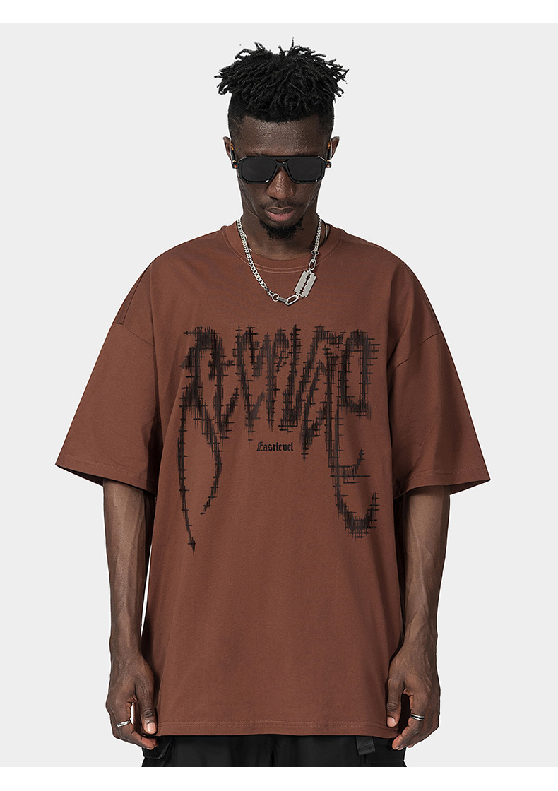 Camiseta masculina de algodão solto com estampa de letras da moda de rua americana, manga curta, camiseta de casal hip hop da marca da moda_voghion.com