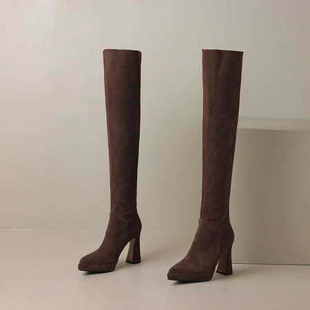 超ハイヒールニーハイブーツ レディース 太ヒール ポインテッドトゥ 小柄さん向け 防水プラットフォーム ロングブーツ パイルブーツ シープスキン ブラウン 大きいサイズ40