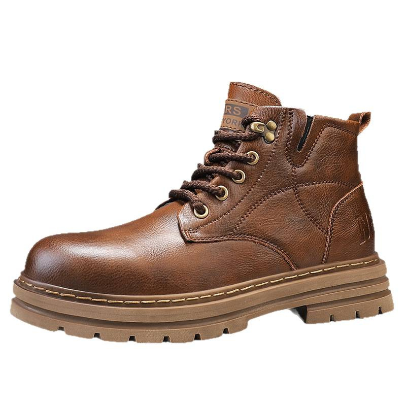 Otoño y invierno de tendencia de cuero casuales botas Martin para hombres ropa de estilo británico botas de hombre calentadas zapatos de hombre tubo medio para hombres
