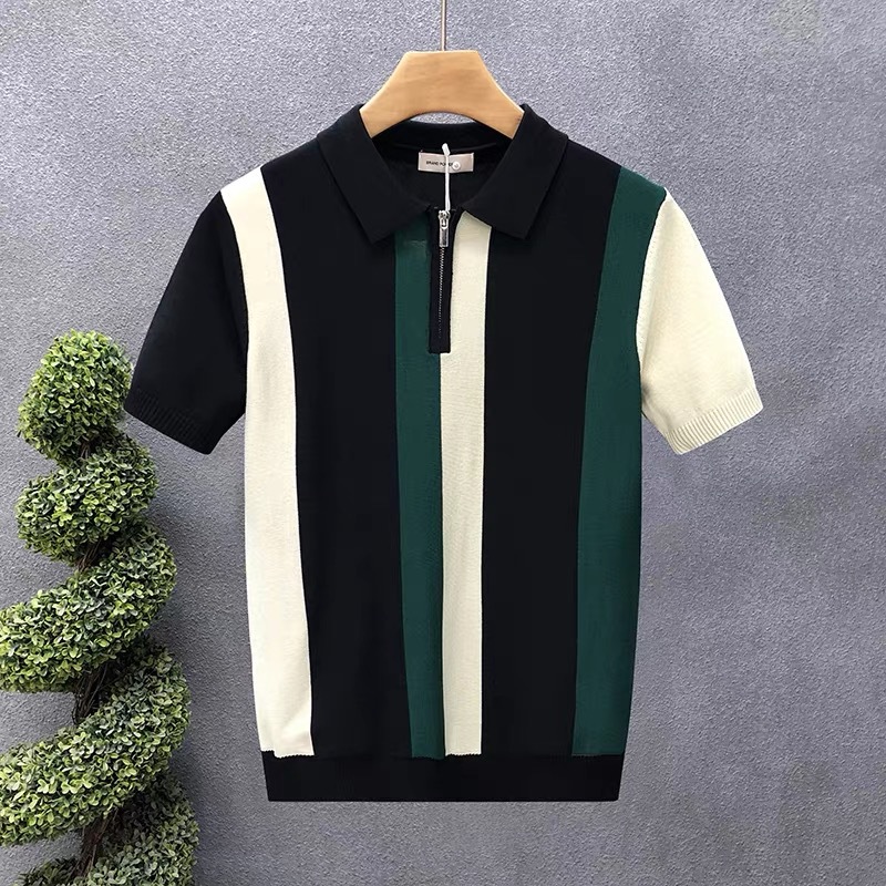 POLO suéter de punto de manga corta con solapa para hombre medio cremallera a juego de color negocio británico delgado marca de moda comercio exterior transfronterizo al por mayor