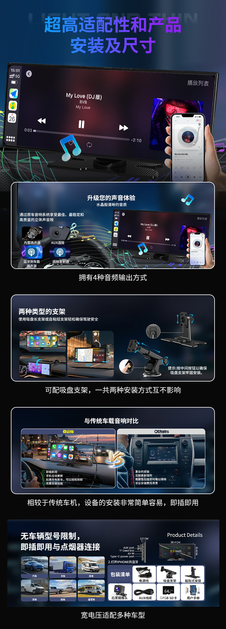 Cross-Border New 11.5inch In-Cell Integrated Screen Wireless Carplay Navigation Recorder Does Not Block the Driver's View
