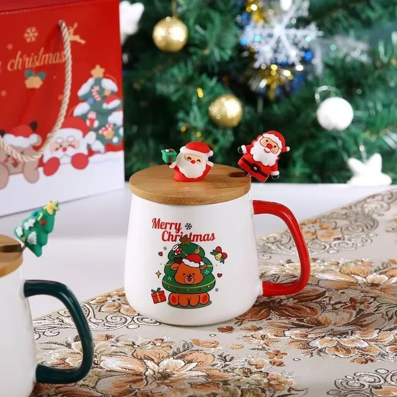 Taza de cerámica de viento de Navidad con tapa con cuchara patrón muñeco de nieve Qin Sheng taza de agua de cerámica taza de regalo taza creativa interesante