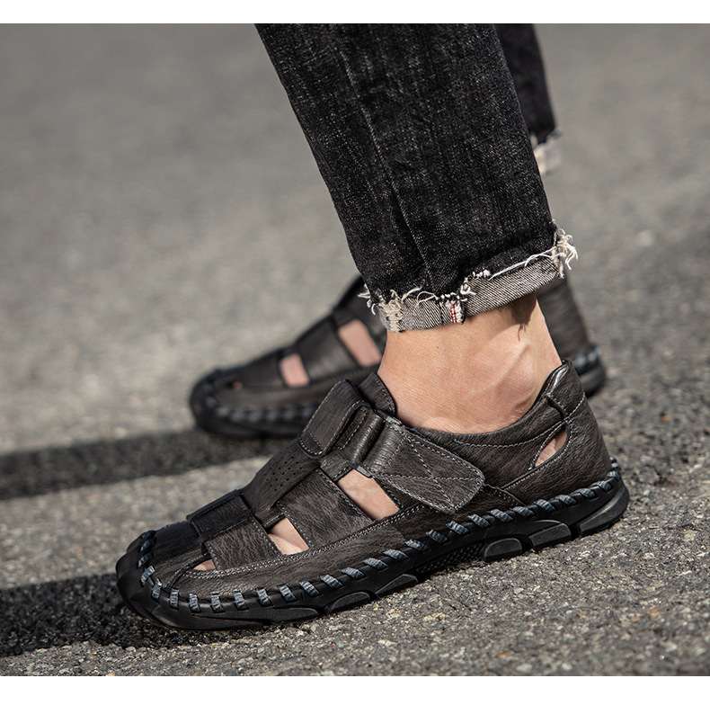 Men’s Summer Closed-toe Leather Sandals With Velcro Strap_voghion.com